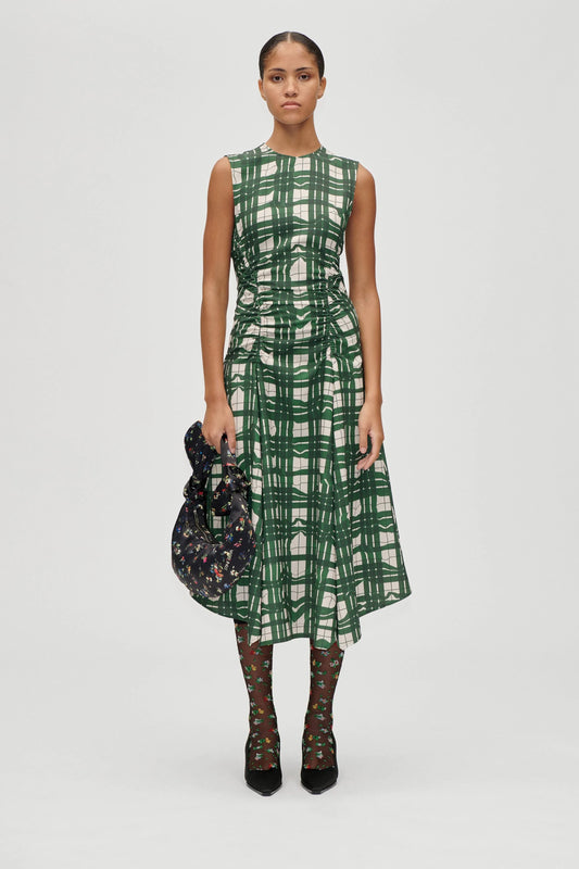 Stine Goya Sleeveless Gathered Midi Dress - Checkered Wave