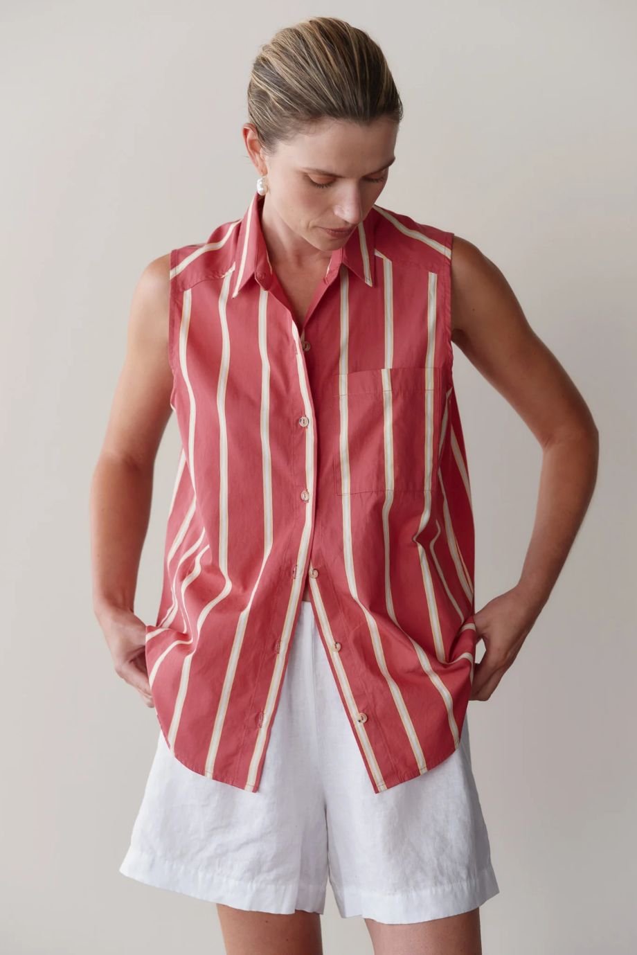 Donni Pop Stripe Sleevelss Shirt - Raspberry Stripe