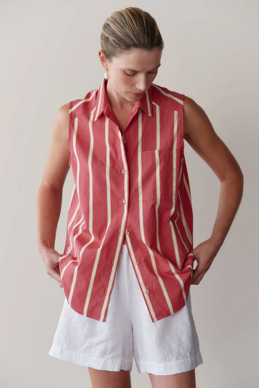 Donni Pop Stripe Sleevelss Shirt - Raspberry Stripe