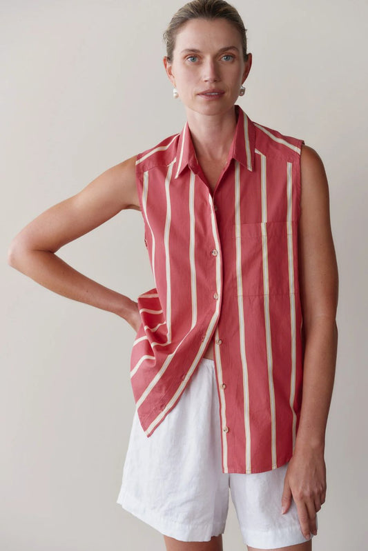 Donni Pop Stripe Sleevelss Shirt - Raspberry Stripe