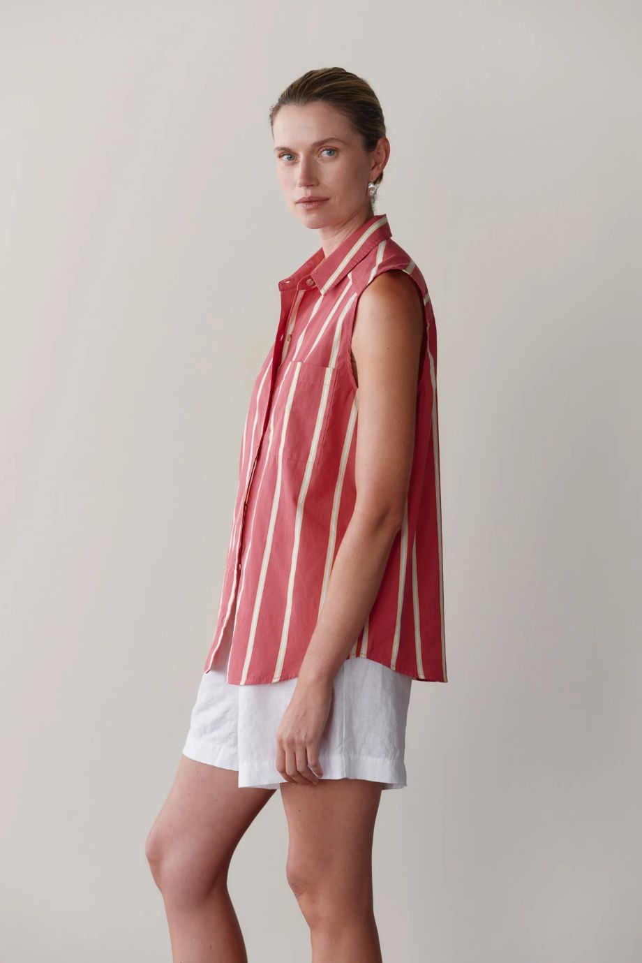 Donni Pop Stripe Sleevelss Shirt - Raspberry Stripe
