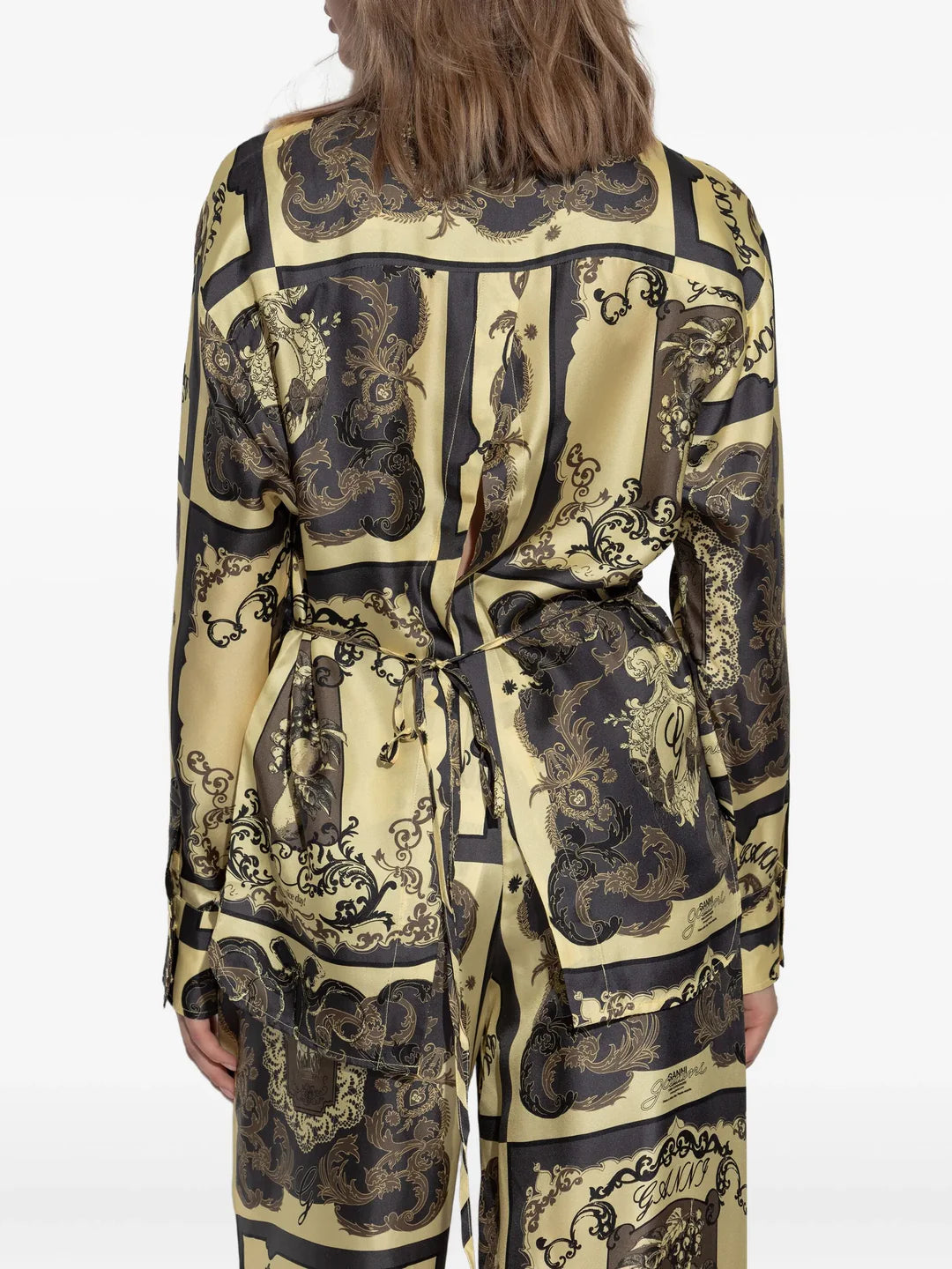 Ganni Printed Silk Twill Long Sleeve Shirt - Popcorn