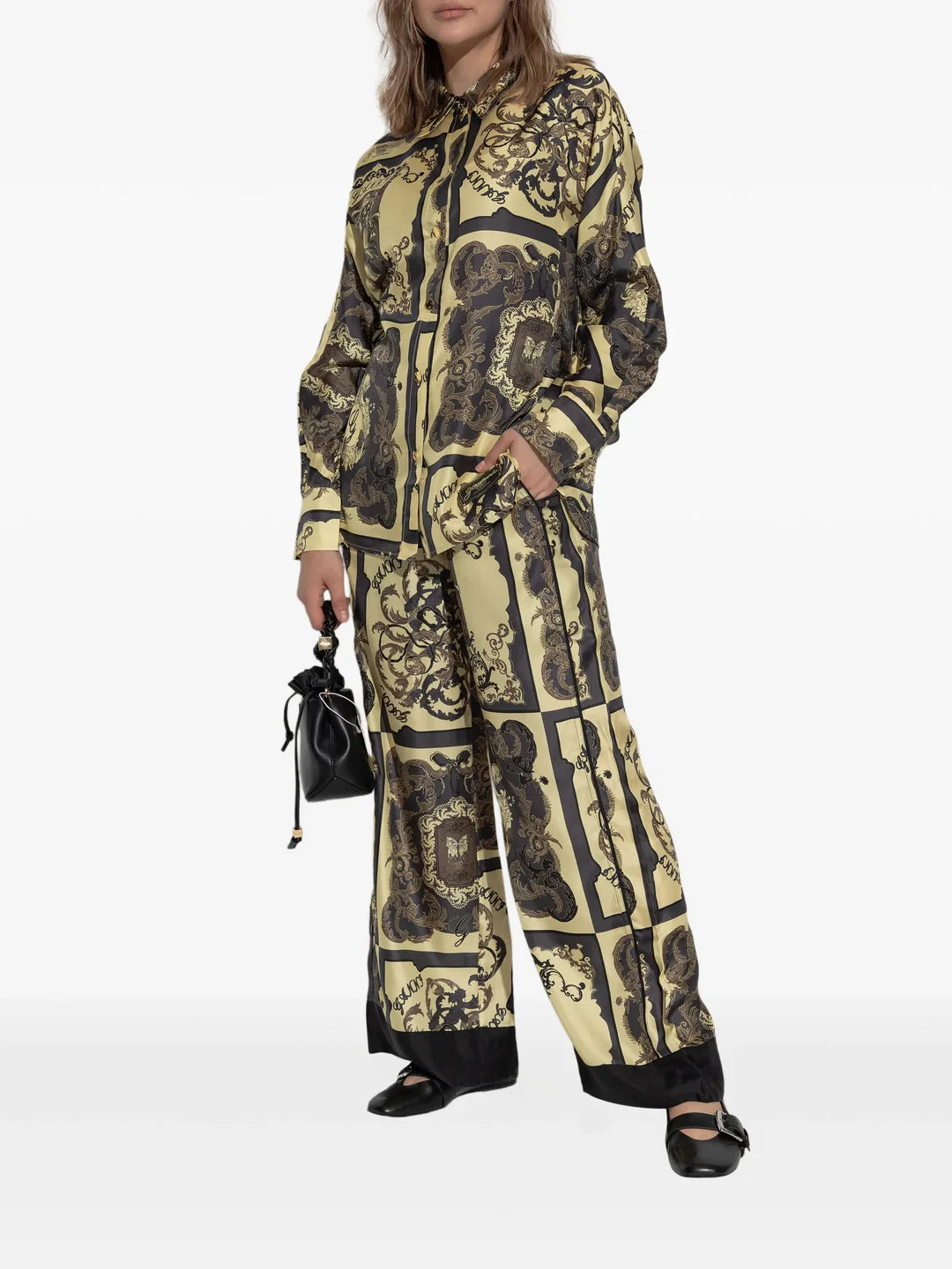 Ganni Printed Silk Twill Long Sleeve Shirt - Popcorn